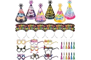 HOWAF New Years Eve Party Supplies -42pcs Happy New Year Cone Hats Fringed Noisemaker Headpieces Paper Eyeglasses for 2026 New Year Eve Party Decoration Favors, 2026 Decorations Kit for Adults