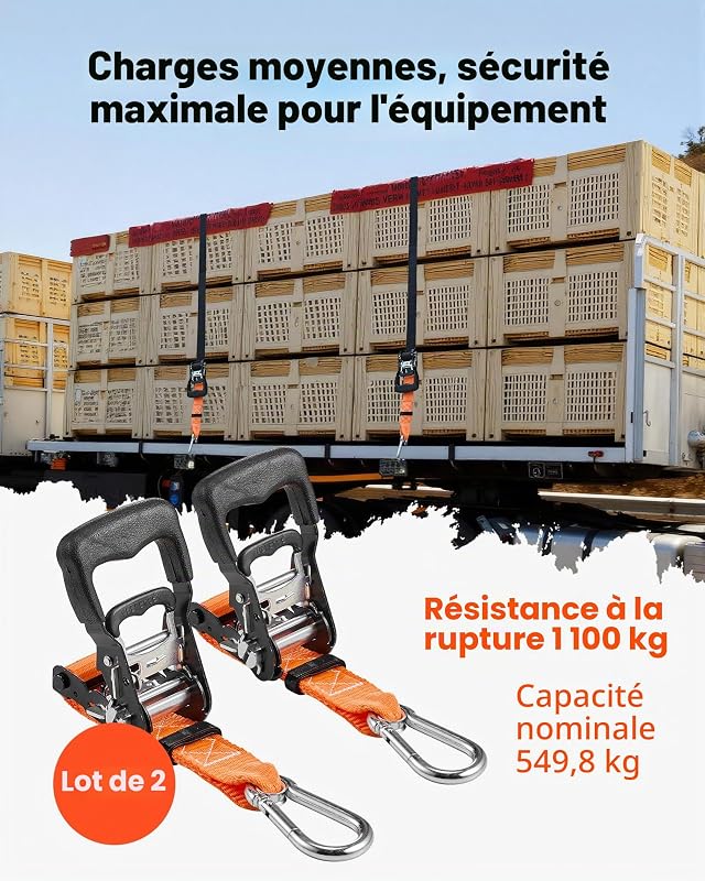 Sangle à Cliquet 3,8 cm x 1,8 m Sangle d'Arrimage Lot de 2 Sangles de Chargement Fixation pour Déménagement Remorques Motos Kayaks Toit Voiture, avec Mousquetons Résistance à la Rupture 1100 kg