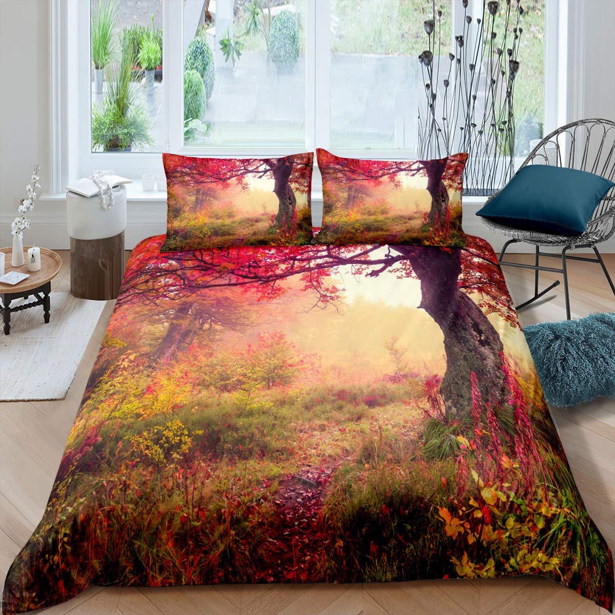 Loussiesd Tree Print Duvet Cover Smoky Forest Tree Bedding Set Natural Scenery Comforter Cover for Boys Girls Kids Mysterious Woodland Scene Bedspread Cover Double Size With 2 Pillow Case