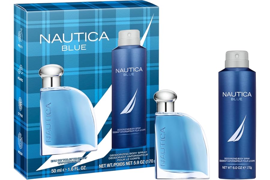 Nautica Blue Giftset 1.6 fl oz EDT + 6 oz Deodorizing Body Spray, Notes of Basil, Jasmine, and Cedarwood, Men’s Fragrance, Long Lasting, Everyday Fragrance