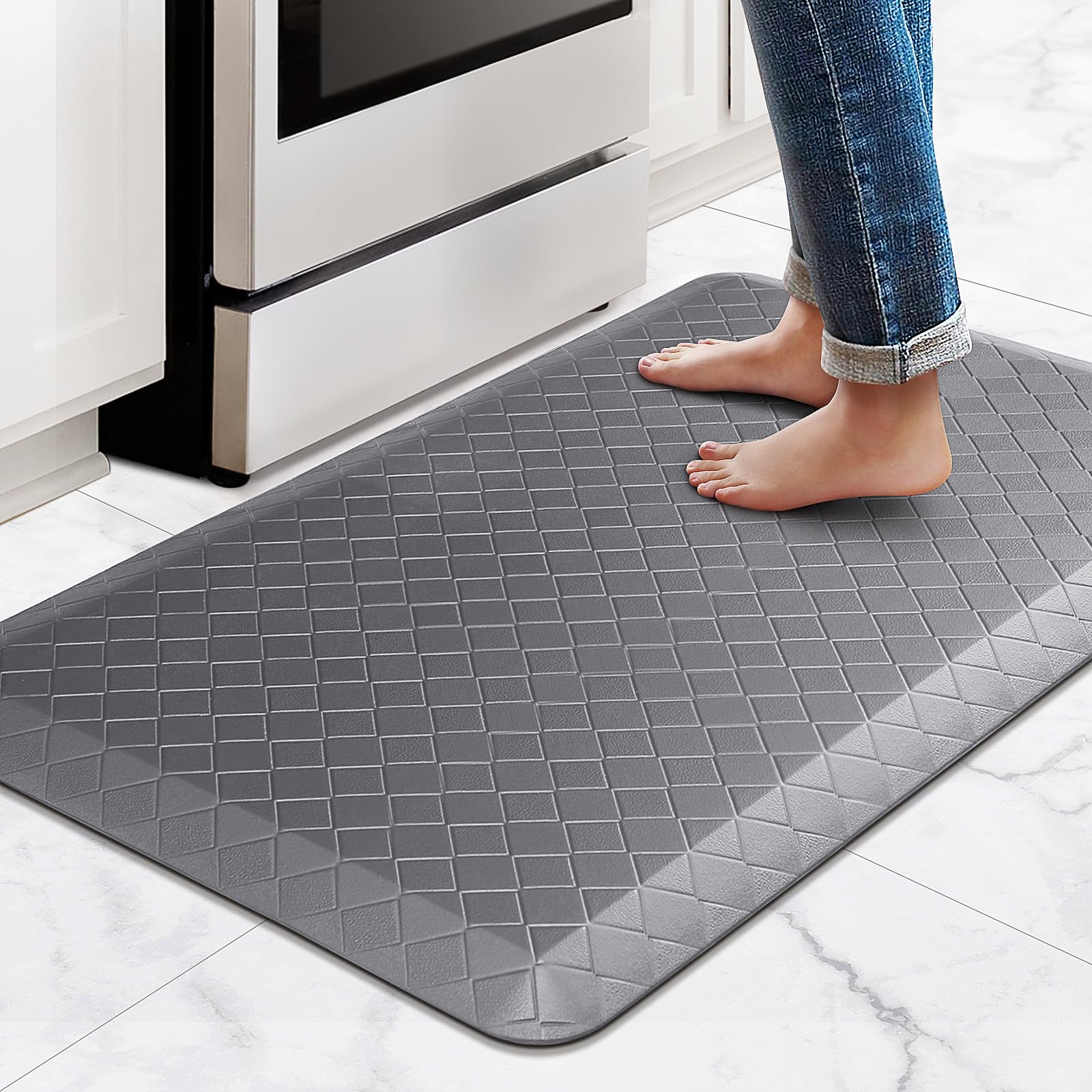 HappyTrends Kitchen Floor Mat - 4/5 Inch Thick Anti-Fatigue Kitchen Rug,Waterproof Non-Slip Kitchen Mats and Rugs Heavy Duty Ergonomic Comfort Rug for Kitchen,Office,Sink,Laundry,(22"x36", Gray) Image