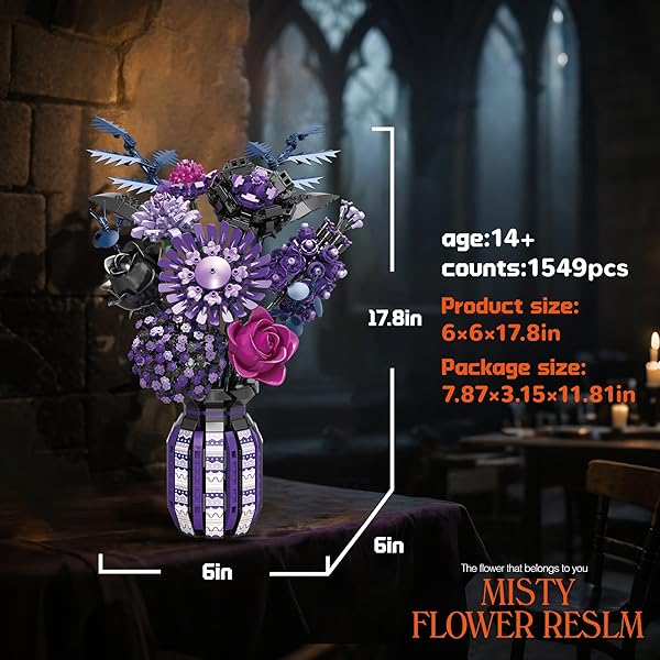 BRIXVIBE FLOWERS BUILDING SET COMPATIBLE WITH LEGO FLOWERS, PURPLE BOUQUET PLANT WITH VASE BOTANICAL COLLECTION FOR ADULTS & WOMEN & GIRL 14+