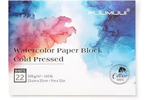 Watercolor Paper Block 9x12 Inch, Fuumuui 100% Cotton Paper Pad, 22 Sheets, Cold Pressed, Acid-Free, 140 lb/300gsm for Painting, Drawing, Art Journaling, Professional Artist Quality