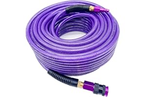SYXQT Polyurethane(PU) 1/4-Inch x 100FT Reinforced, Air Hose with 1/4” Swivel Solid Aluminum Colored Universal Quick Coupler and Plug, Bend Restrictor,Purple
