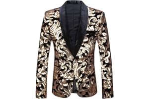 PYJTRL Men Fashion Velvet Sequins Floral Pattern Suit Jacket Blazer