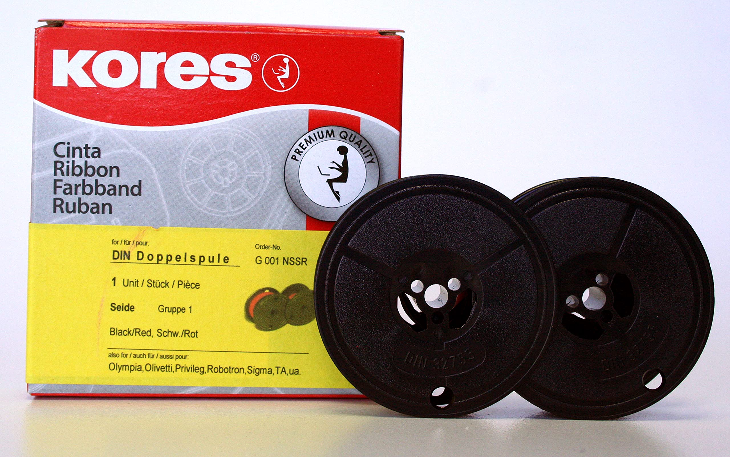 Kores - Silk Typewriter Ribbon, Black/red, Standard DIN Double Spool