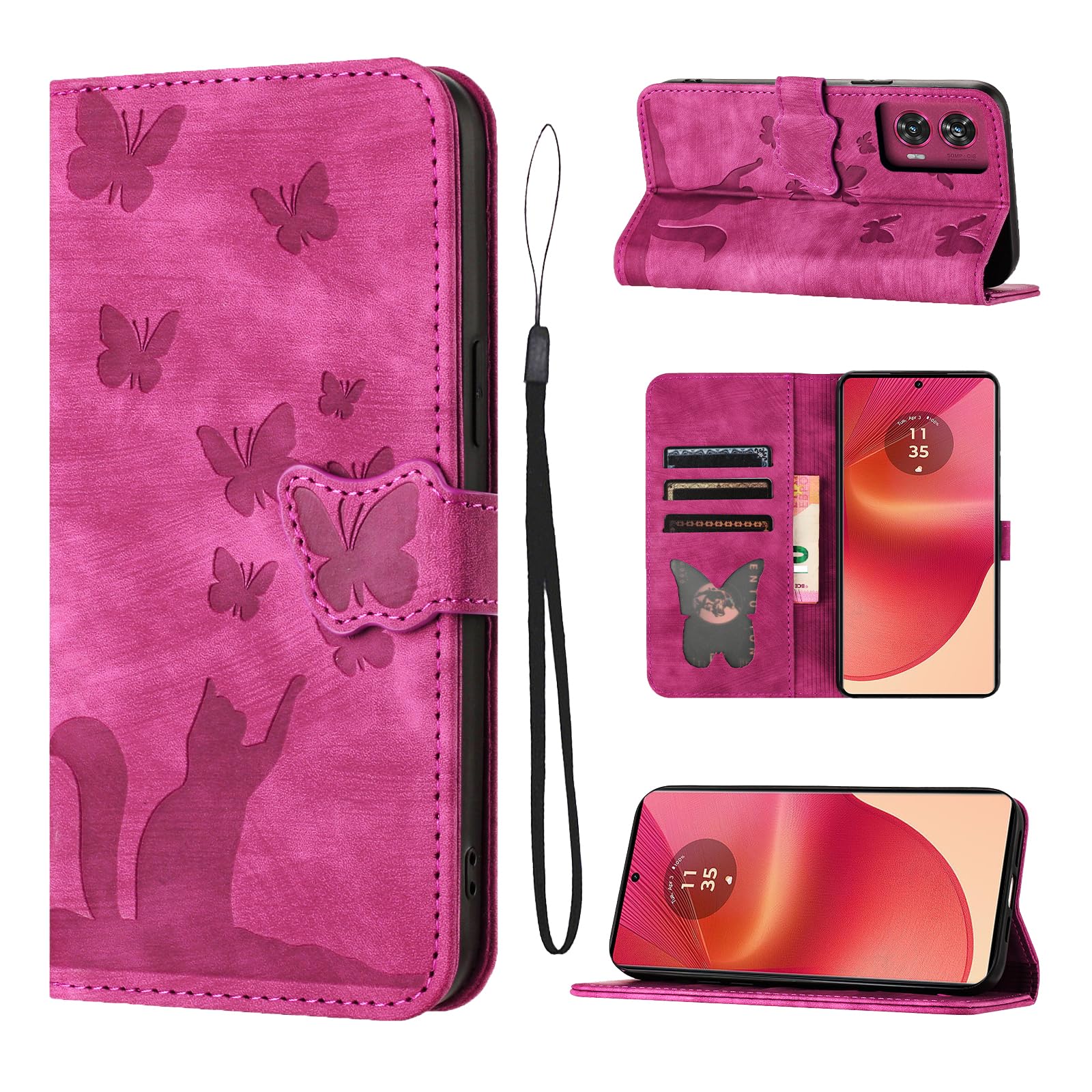 LSPCASA Phone Case For Motorola Edge 50 Fusion 5G 6.7 inch Premium PU Leather Material Edge 50 Fusion Case With Card Slots Cat Butterfly Pattern Edge 50 Fusion Phone Case, Pink
