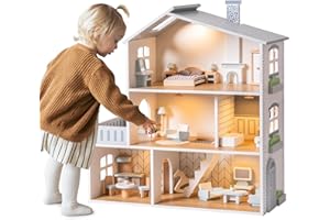 ROBOTIME Wooden Dollhouse, Doll House with 23 Pieces of Furniture, 5 Rooms, Wooden Doll House for 4, 5, 6-Inch Dolls, Dollhou