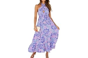 ZESICA Women's 2025 Summer Crossover Halter Neck Sleeveless Plaid Cut Out Backless Flowy A Line Maxi Dress