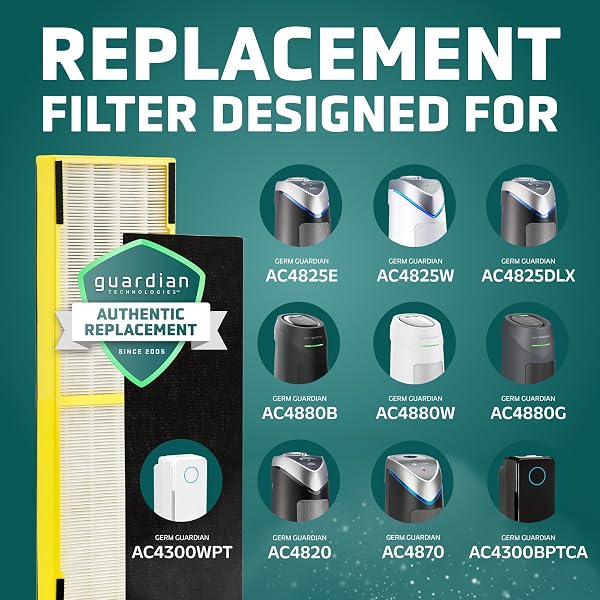 GERMGUARDIAN FILTER B HEPA PURE GENUINE AIR PURIFIER FILTER, REMOVES 99.97% OF POLLUTANTS, WILDFIRE SMOKE, ODORS, FOR AC4825, AC4300, AC4850, AC4880, AC4900, CDAP4500, AP2200, BLACK/YELLOW, FLT4825