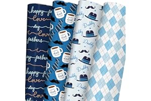 SaringSwoon Father's Day Wrapping Paper - Blue Gift Wrap for Men With Happy Father's Day, Best Dad Ever, Hat, Tie, Mustache and Plaid Design - 20×29 Inches, 8 Folded Sheets