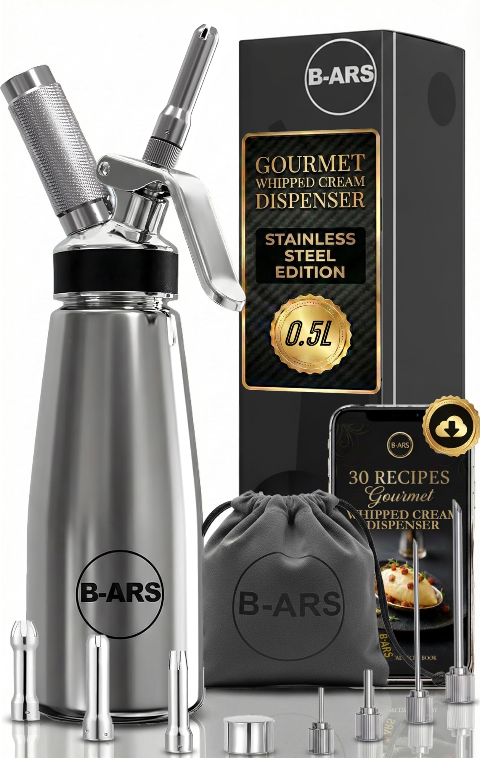 Stainless Steel Whipped Cream Dispenser 500ml Professional Siphon Dessert Foam Maker 3 Decorating Nozzles 4 Injector Tips Cleaning Brush Storage Bag Recipe eBook Barista Home Kitchen Gift for Chefs