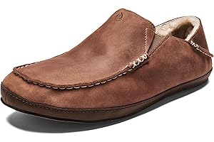 OLUKAI Moloa Slipper, Men's Premium Leather Slip-On Shoes, Soft Genuine Shearling Lining & Gel Insert, Drop-In Heel & All-Day Comfort