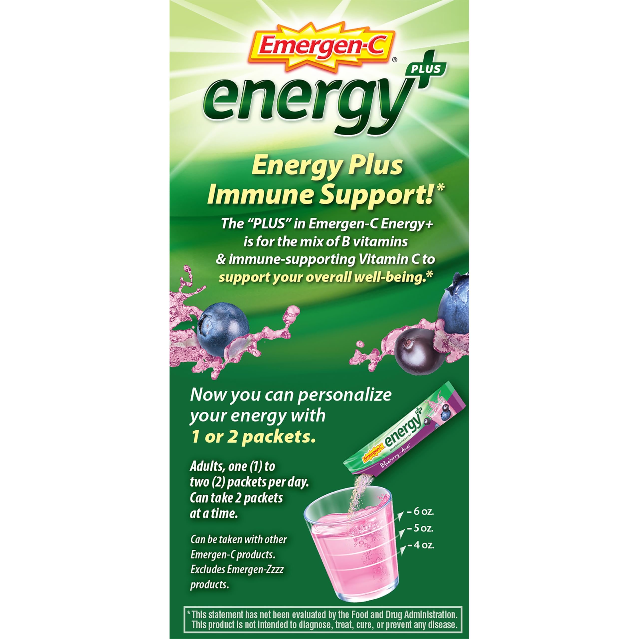 Emergen-C Energy+, With B Vitamins, Vitamin C And Natural Caffeine From Green Tea(Blueberry Acai Flavor) Dietary Supplement Drink Mix, 0.33 Ounce Powder Packets(Pack of 18)