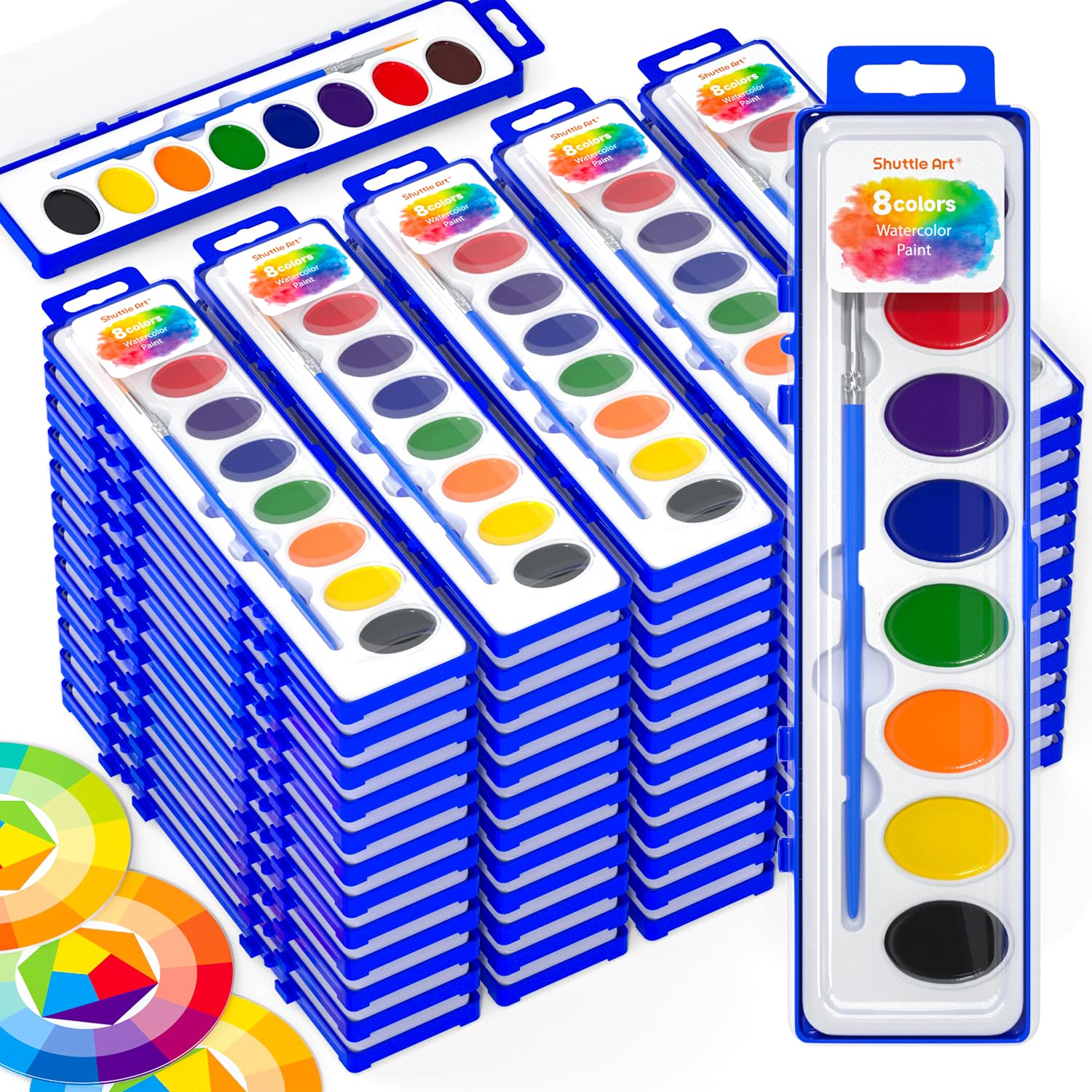 Shuttle Art 60 Pack Watercolor Paint Set, 8 Colors with Paint Brushes & Color Wheels, Washable for Kids & Adults, Suitable for Classroom, Parties, Kindergarten & Art