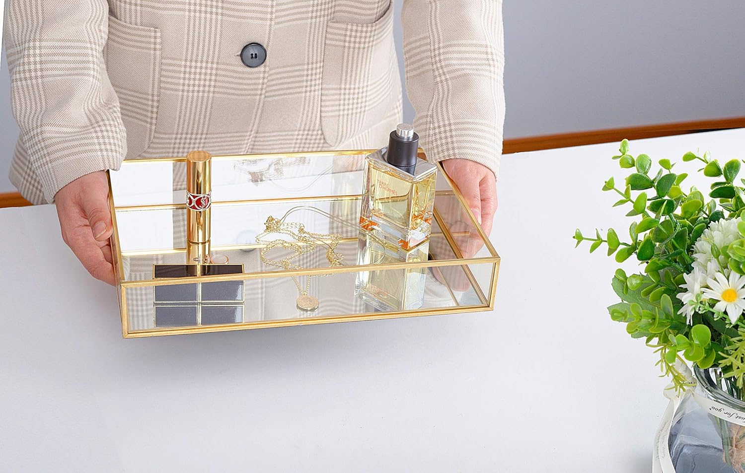 CHICHIC Gold Mirror Tray Jewelry Organizer Vanity Tray Jewelry Tray Perfume Tray Dresser Tray Decorative Tray, Glass Metal Makeup Tray for Bathroom Bedroom Cosmetics Storage, 11.8 x 7.9 Inch: Home & Kitchen
