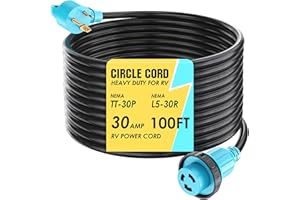 CircleCord 30 Amp 100 Feet RV Power Cord Twist Locking, Heavy Duty 10 Gauge 3 Wire STW Pure Copper Wire with Grip Handle, TT-30P to L5-30R with Cord Organizer for RV Trailer Campers
