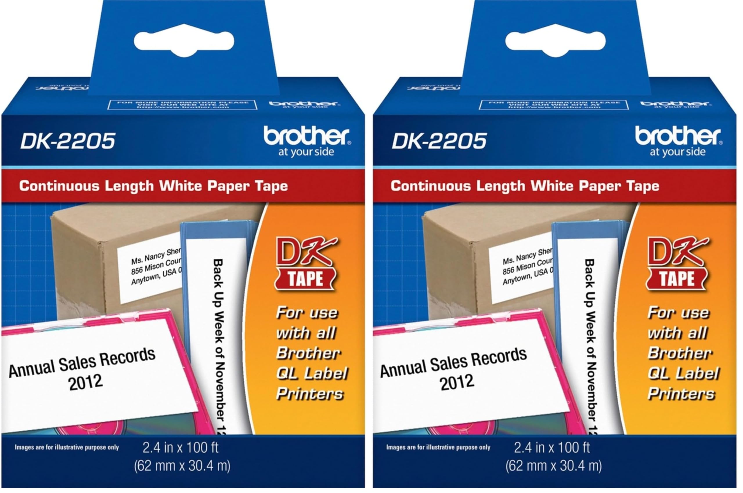 Brother Genuine, DK-2205 Continuous Paper Label Roll, Cut-to-Length Label, 2.4” x 100 Feet, (1) Roll Per Box (Pack of 2) Image