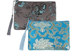 kilofly 2 pc Chinese Silk Brocade Padded Tassel Zipper Jewelry Bag Gift Pouch