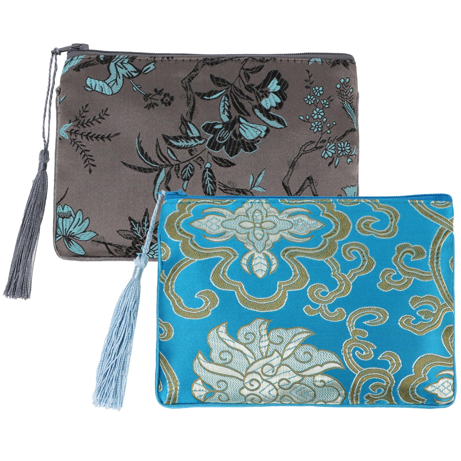kilofly Chinese Silk Brocade Padded Tassel Zipper Jewelry Pouch Bag, Set of 2