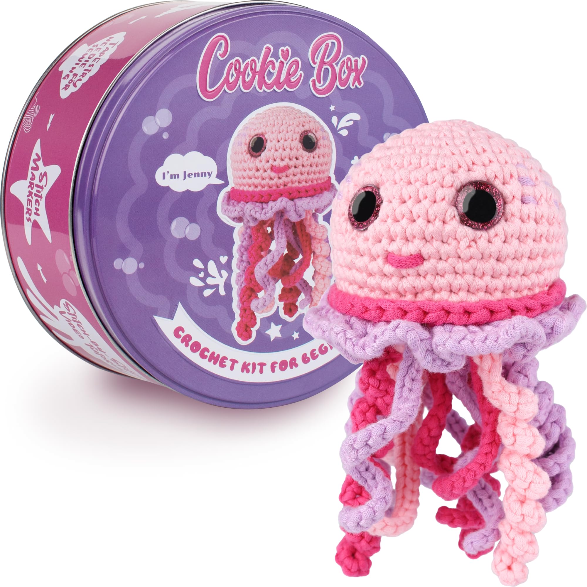 Cookie Box Original Crochet Kit for Beginners – Gift Set to Jellyfish Jenny Amigurumi Plushie – Easy DIY Crochet & Knitting Starter Kit with Video and PDF Tutorials