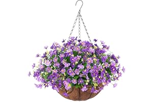 Ammyoo Artificial Hanging Flowers in Basket for Patio Garden Porch Deck Spring Decoration, Artificial Daisy Arrangement,Fake Plants in 12 inch Coconut Lining Basket for Outdoor/Indoor(Purple)