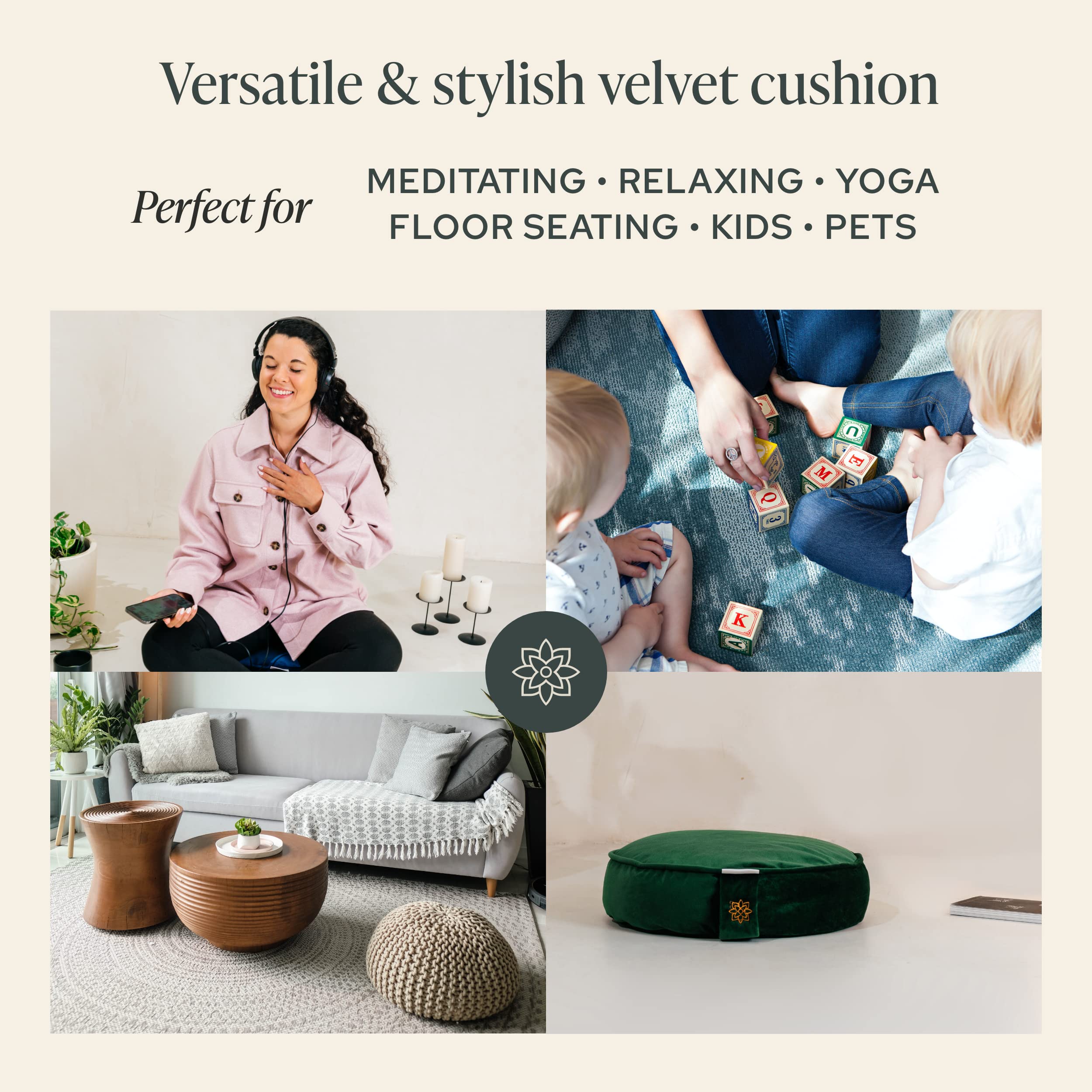 Mindful & Modern Velvet Meditation Cushion | Luxe Zafu Yoga Floor Pillow Seat | Posture Support | Buckwheat Hull Filled | Large Round Cushion with Removable Washable Cover + Carry Handle | Color Green - Image 4