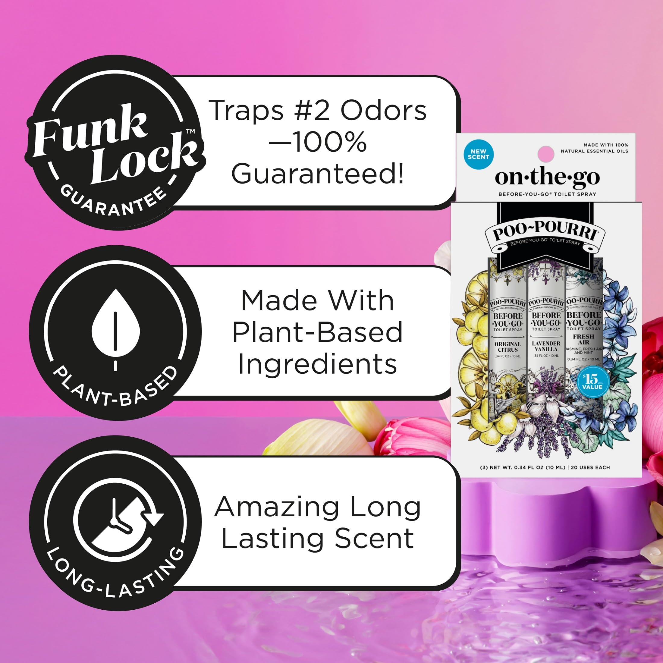 Poo-Pourri Before-You-Go Toilet Spray, Travel Essentials, .34 Fl Oz, In A Pinch Variety 3 Pack, Each Up to 20 Uses, On-The-Go Bathroom Odor Deodorizer with Essential Oils, TSA Approved Size, 3 Scents