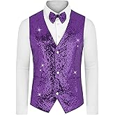Lars Amadeus Sequins Vest for Men's V-Neck Slim Fit Shiny Disco Party Sleeveless Waistcoat Bowtie