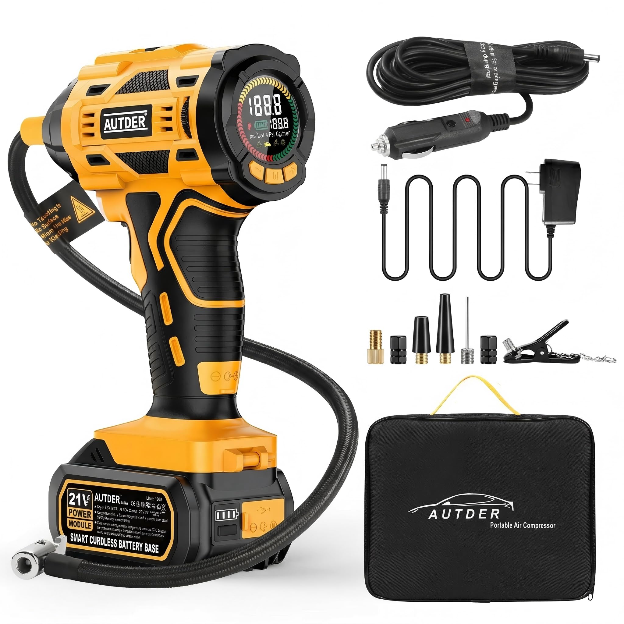 AUTDER Cordless Tire Inflator, 180PSI Portable Air Compressor with 21V Rechargeable Battery & 12V DC Car Adapter, Fast Inflation Digital Pump for Cars, Motorcycles, Bikes & Sports Balls - Black Yellow Image
