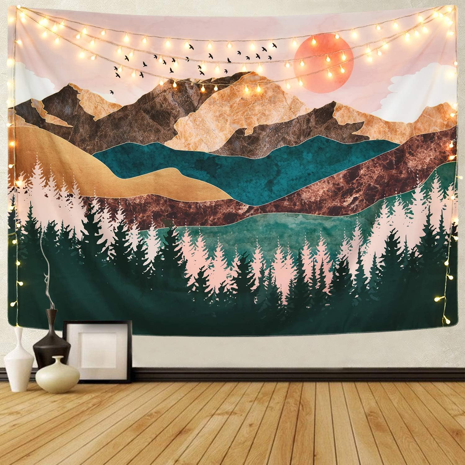 Mazheny Mountain Tapestry Forest Tree Tapestry Sunset Tapestry Nature Landscape Tapestry Wall Hanging for Room Decor (Mountain Tree, 51.2" x 59.1")