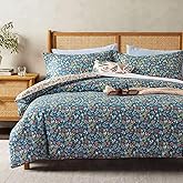 ALEISSEL 100% Natural Cotton 3pcs Floral Duvet Cover Sets - Deep Slate Blue & White with Vibrant Floral Pattern, Blue Botanical Comforter Cover Sets with Button Closure(Queen Duvet Cover)