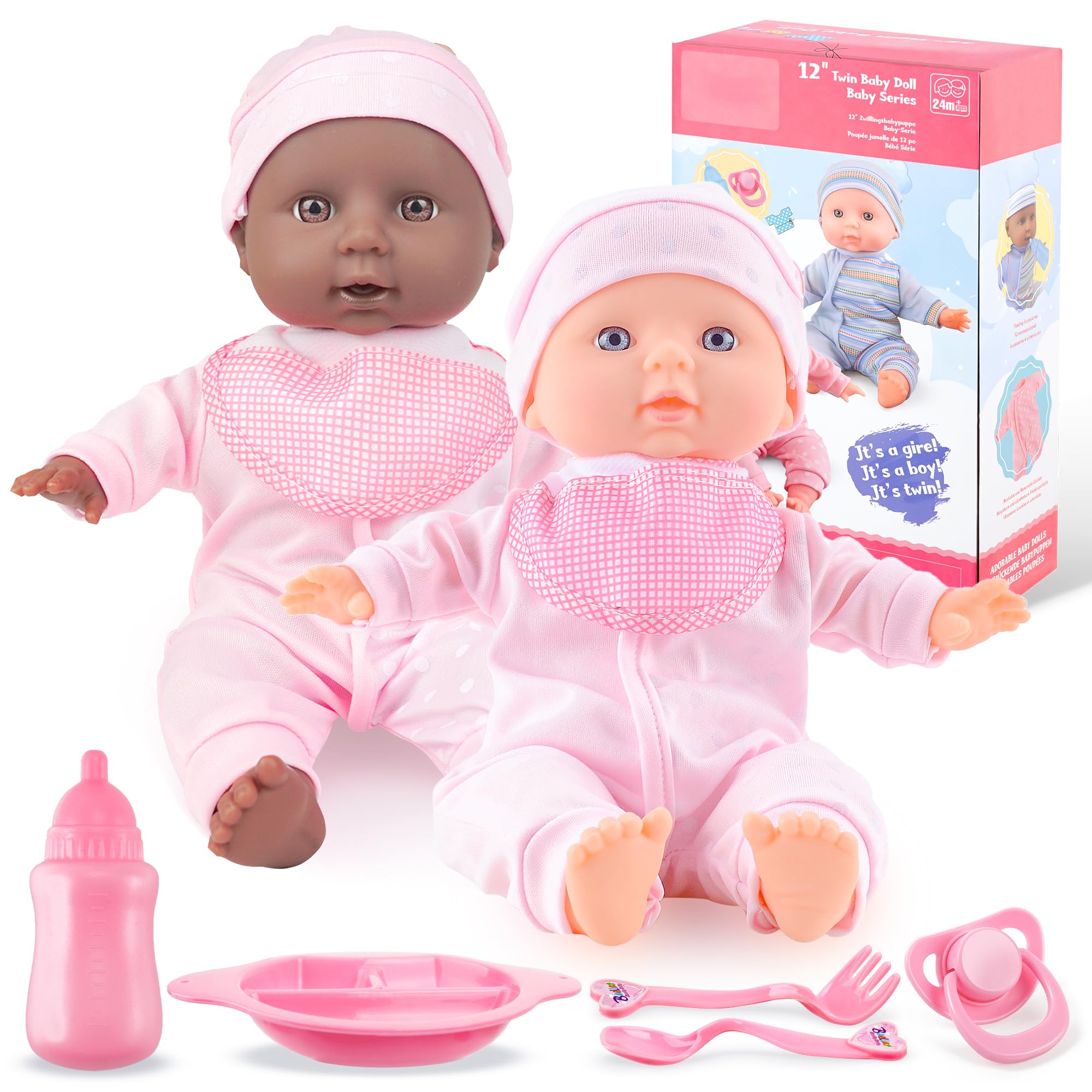 Toy Choi's Twin Baby Dolls - 12 inch Two Soft Body Black and White Doll with Accessoires, Dolls Play Set for 2 3 4 5 Year Old Boys and Girls Gift | Pink Outfit Doll Set