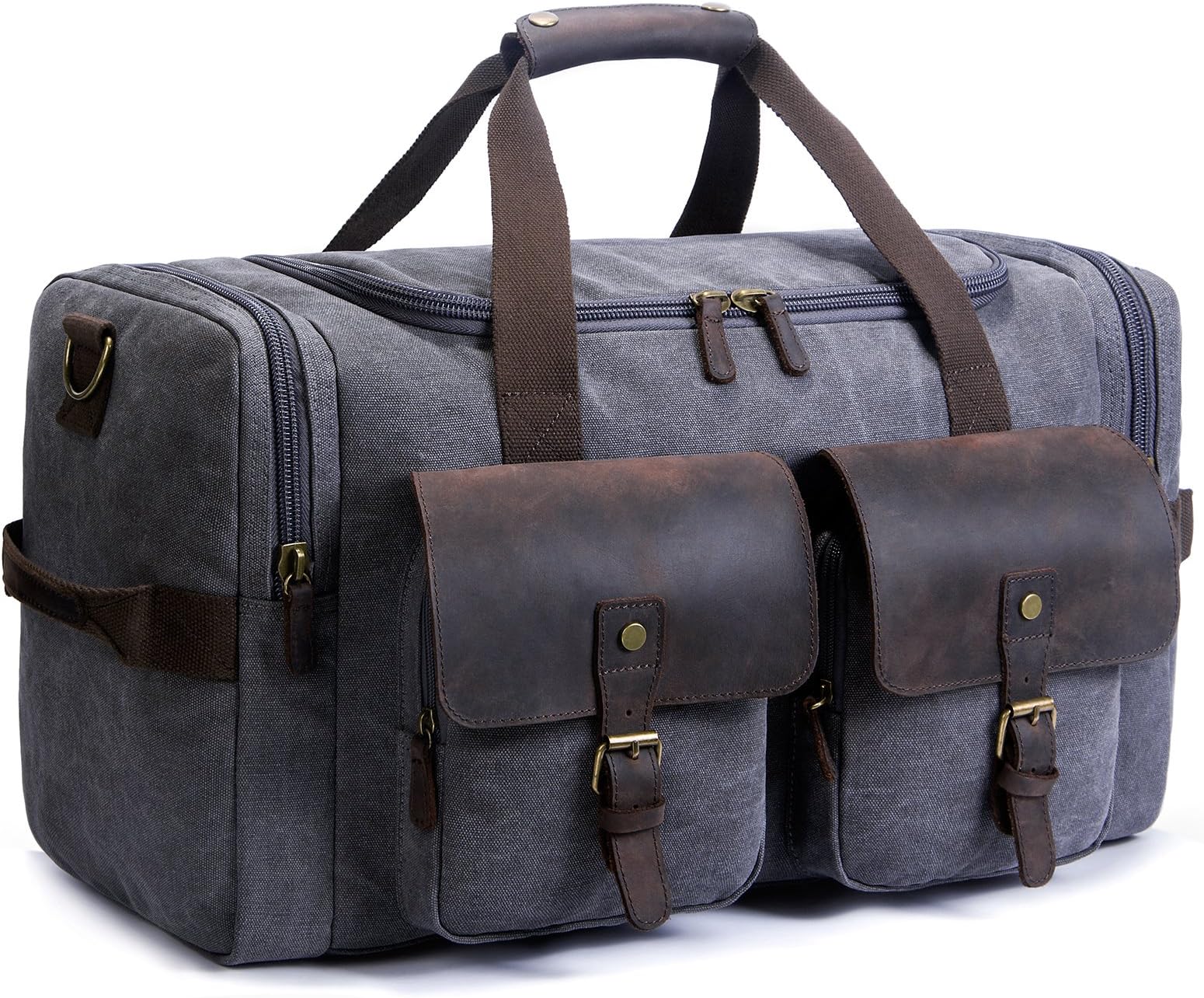 Canvas Holdall Weekend Bag Overnight Bag Leather Travel Duffle Bag Carry On Luggage with Shoe Pouch(2020 Upgrade)