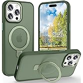 Lufanbis Magnetic for iPhone 15 Pro Case with Ring Stand, [10 FT Drop Protection] [Velvety Touch] Slim Translucent Matte Back Shockproof Phone Case for iPhone 15 Pro 6.1'', Midnight Green
