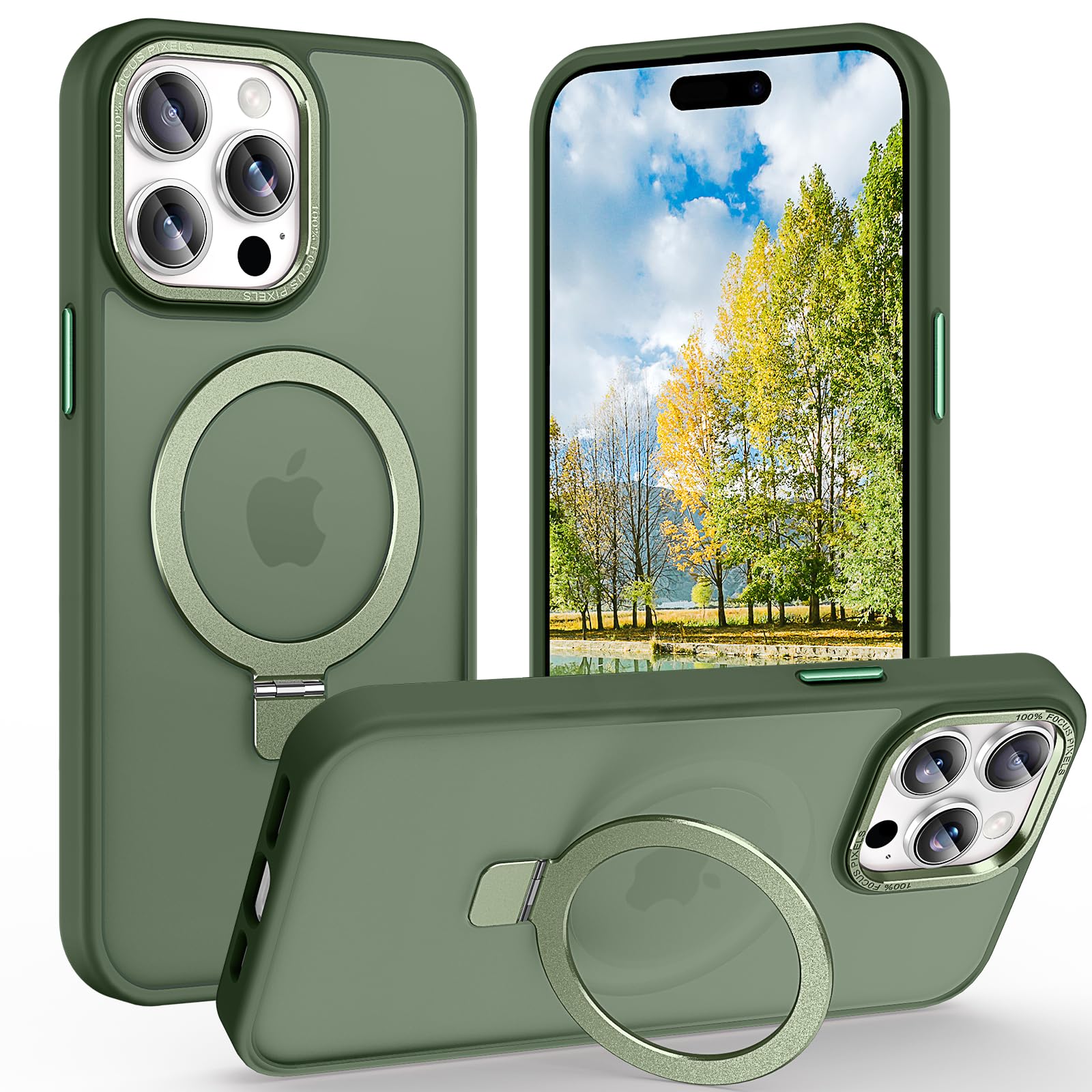 Photo 1 of Lufanbis Magnetic for iPhone 15 Pro Case with Ring Stand, [10 FT Drop Protection] [Velvety Touch] Slim Translucent Matte Back Shockproof Phone Case for iPhone 15 Pro 6.1'', Midnight Green