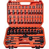 AMM 123Pcs Impact socket set，1/4”3/8”Drive Deep&Shallow Socket wrench set，6 Point Metric&Standard Full 5/32"-3/4"，4-22mm with Spark plug sockets，72T Ratchet handle，Screwdrivers，for Automotive&Home
