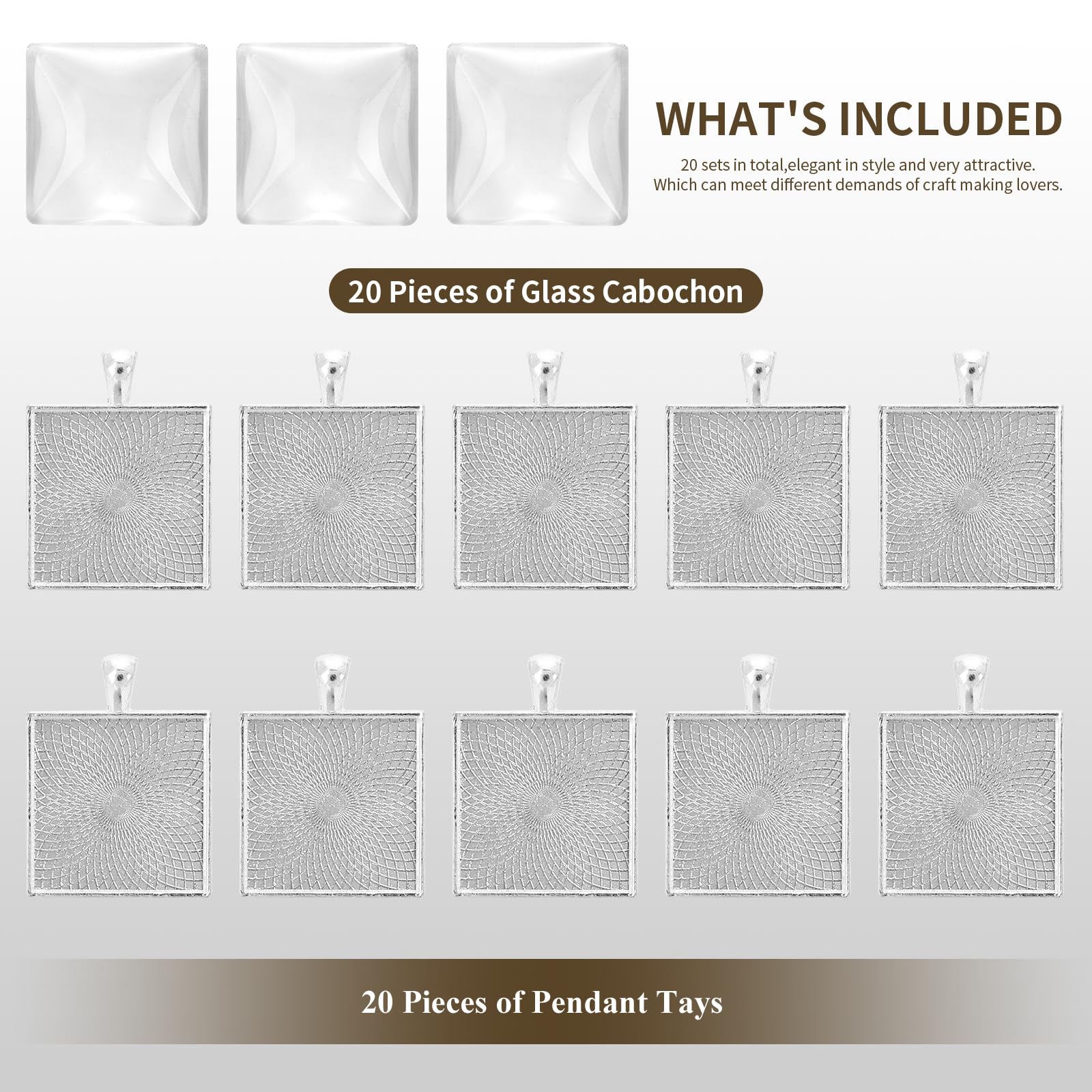 40 Pcs Square Bezel Pendant Trays with Glass Dome Cabochon 25 mm Blanks Bezel Cabochons Set for Jewelry Making,Photo Pendant,Resin Craft, Simple Edge