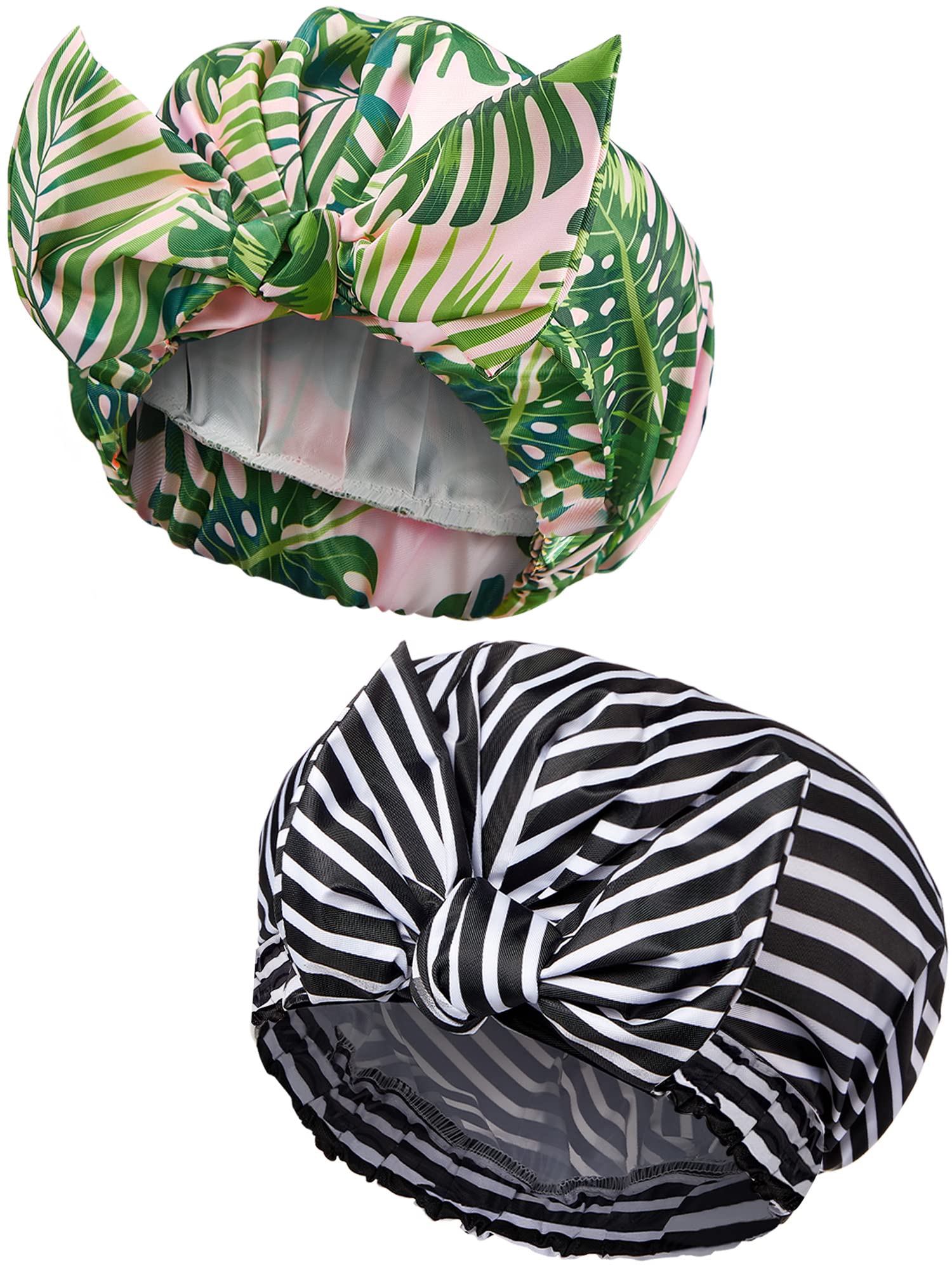 2 Pieces Shower Caps for Women, Waterproof Reusable Shower Hair Caps Elastic Hem Turban Shower Bath Caps for Long, Short and Curly Hair for Women Girls (Palm Leaf and Stripe)