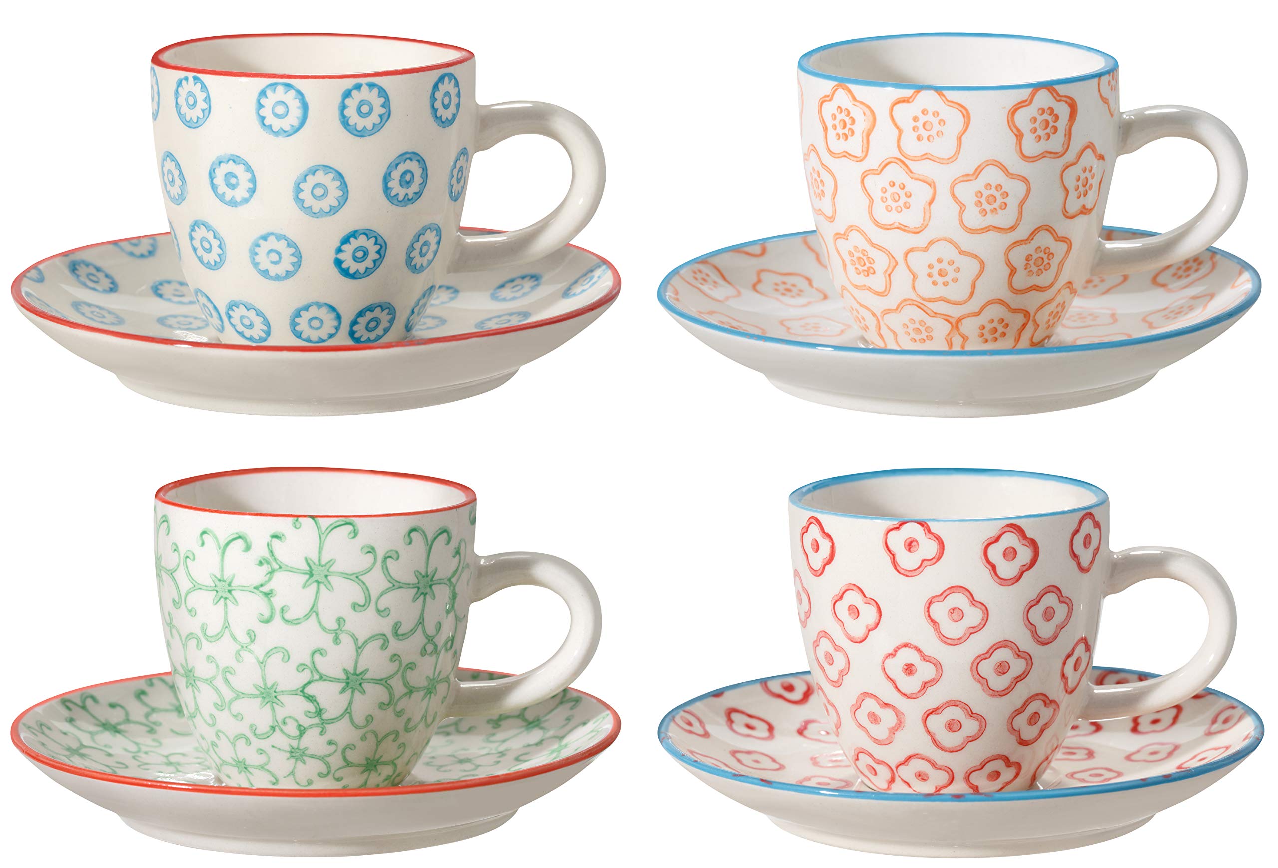 Bloomingville Emma Retro Expresso Espresso Cups with Saucer Thick-Walled C: Diameter 6 x Height 5.5 cm, S: Diameter 11.5 cm, Blue, Orange, Green, Red, Ceramic, Set of 4, Holds Approx. 80 ml