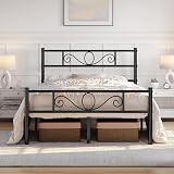 Yaheetech Metal Double Platform Bed 4ft6 Bed Frame with Scroll Headboard Black