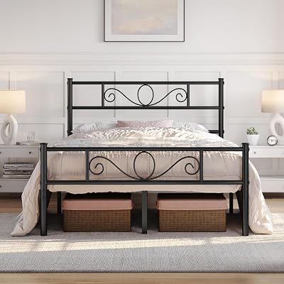 Yaheetech Metal Double Platform Bed 4ft6 Bed Frame with Scroll Headboard Black