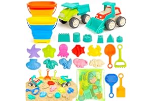 Beach Toys Play Sand Set Sandbox with 2 Cars 2 Collapsible Sand Buckets, Shovel, Rake, Sand Castle Kit, Animal Molds and Mesh
