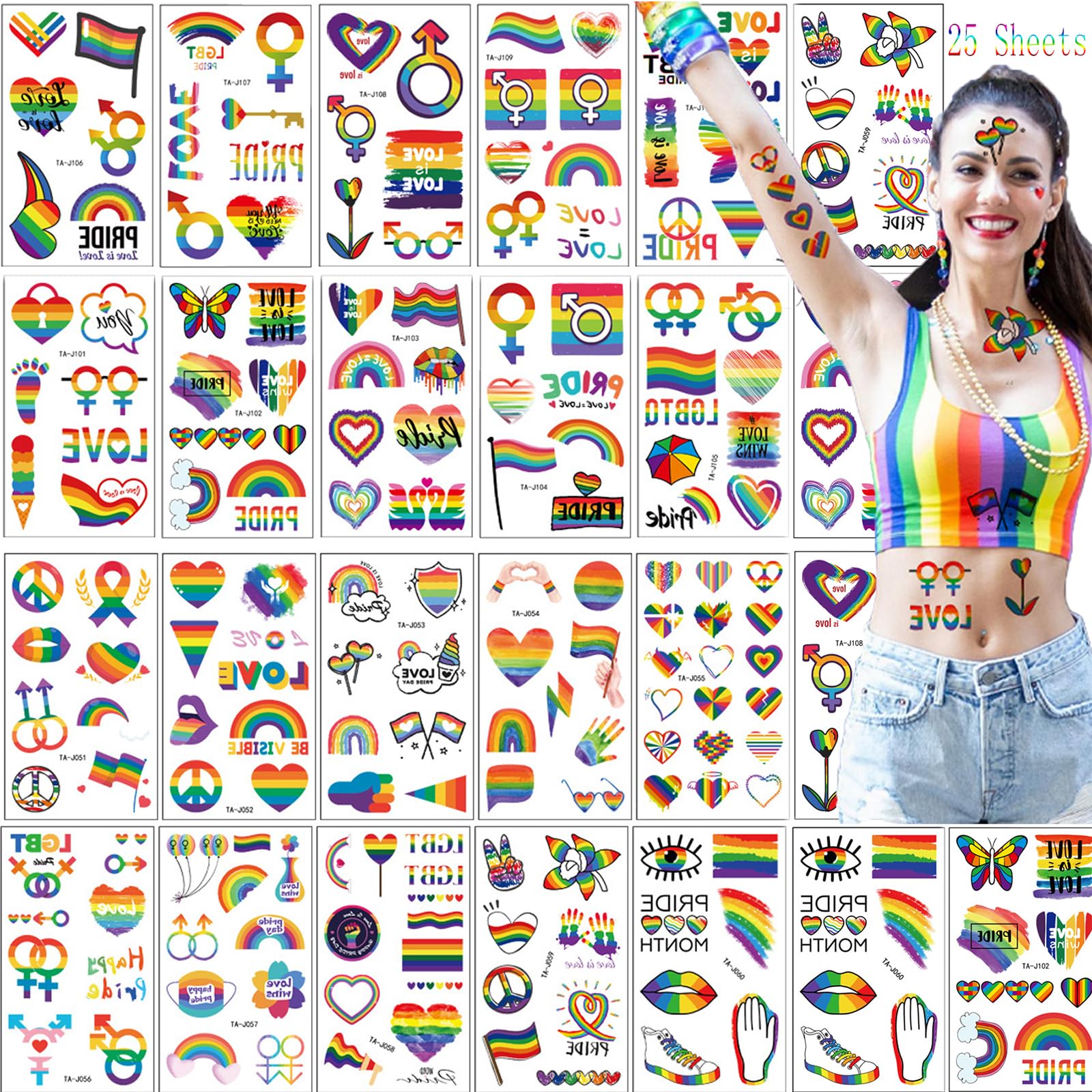 25 Sheets 200PCS Pride Temporary Tattoos,LGBTQ Gay Lesbian Rainbow Pride Tattoos,Waterproof Pride Stickers for Pride Parade Festival Party Supplies Pride Decorations