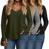 Huukeay 3 Pack Women's Plus Size Long Sleeve Shirts Thumb Holes V Neck Tunic Tops Loose Fit Curved Hem Casual 2026 Y2k Tees