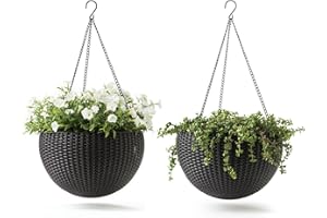 Keter Resin Rattan Set of 2 Round Hanging Planter Baskets for Indoor and Outdoor Plants-Perfect for Porches and Patio Decor, Graphite