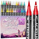 30 Colors Dual Tip Acrylic Paint Markers,Fine Tip and Brush Tip Permanent Acrylic Paint Pens For Rock Painting, Canvas, Wood, Glass, Ceramic, Fabric, Plastic, Egg, Scrapbook,Art Painting Supplies Kit
