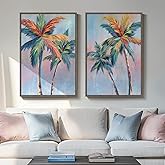 Framed Colorful Coastal Wall Art for Living Room Decor, Large Tropical Beach Palm Tree Canvas Artwork for Walls, 2 Piece Pop Paintings Prints for Hallway Bedroom Office Salon Wall Decor, 24x36 Inch