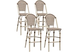 PURPLE LEAF French Bar Stool Set of 4 White Print Finish Patio Bar Stools with Back Rattan Bar Chairs Wicker Bar Height Stool 30" with Footrest Kitchen Island Stools Outdoor Barstool Brown