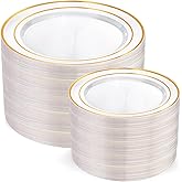 I00000 200 Pcs Clear Gold Plastic Plates - Disposable Party Plates, Gold Plate Disposable Include 100 Dinner Plate and 100 Dessert Plate, Plastic Plate for Party, Holiday, Wedding & Birthday